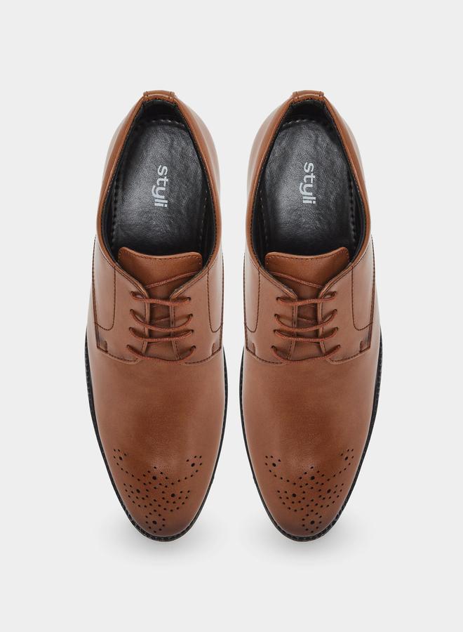 Styli Men Tan Leather Derby Shoes - Image 5